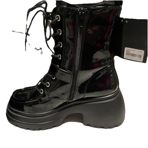 Forever 21 Black Patent Combat Boots Chunky Platform Lug Sole Lace Up Zip Size 8 - Picture 5 of 11